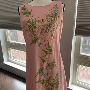 Chic 1960s Pale Pink Trees + Embroidered Butterflies Vintage Shift Dress